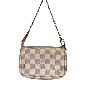 Louis Vuitton Damier Azur Canvas Mini Pochette Wristlet Pouch Bag Gold Chain